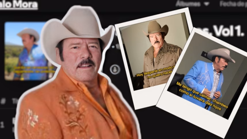 Lalo Mora en una de las portadas modificadas en Spotify con frases cómicas y memes, reflejando la tendencia viral en redes sociales.