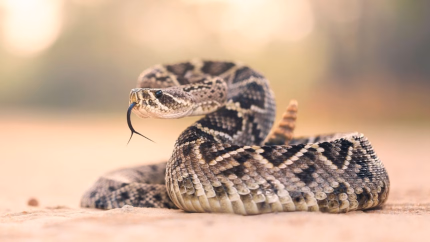 Serpiente de cascabel en su hábitat natural, lista para advertir con su característico cascabel.