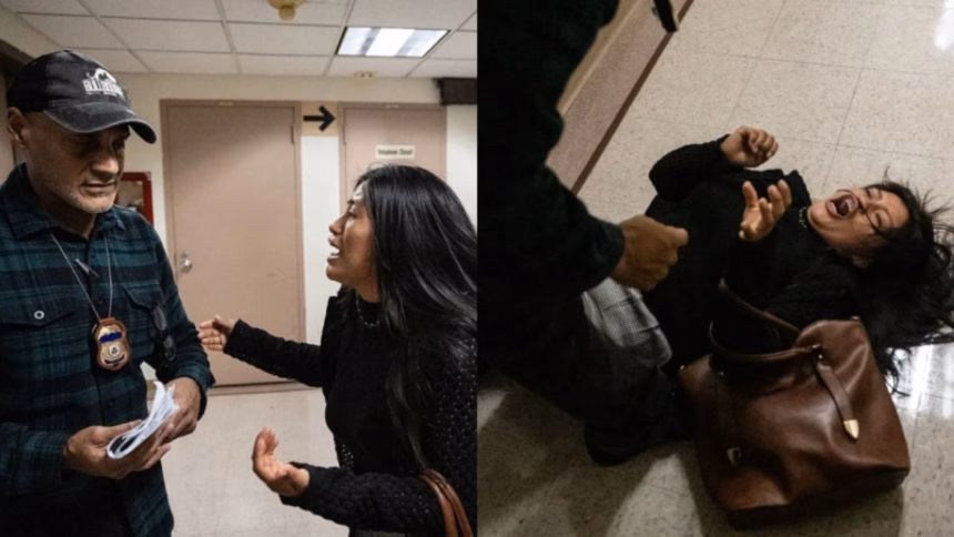 Agente de ICE empuja a una mujer en un centro federal de Nueva York, situación captada en video y condenada públicamente.