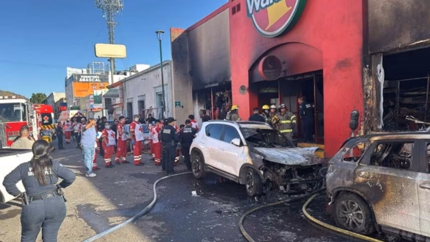 Bomberos y personal de emergencia en el sitio del incendio en Hermosillo tras la explosión.