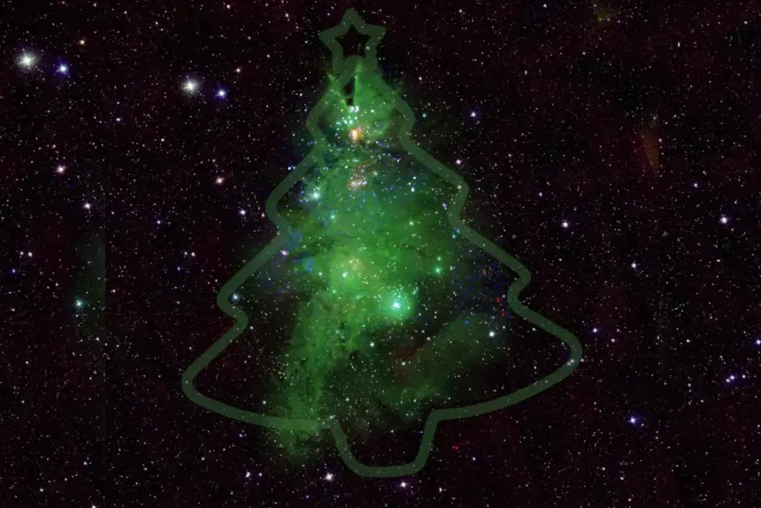 Imagen compuesta del cúmulo estelar NGC 2264, apodado "Cúmulo Árbol de Navidad", que muestra estrellas jóvenes y gas nebular en colores festivos.